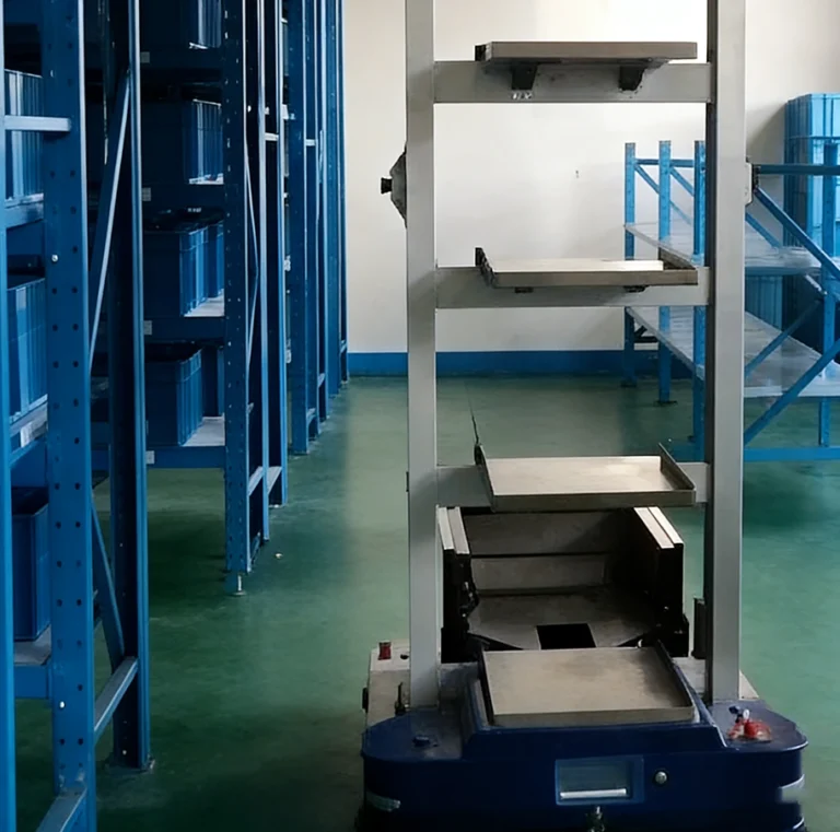 Mini load automated storage and retrieval system stacker moving bins in a small parts storage area